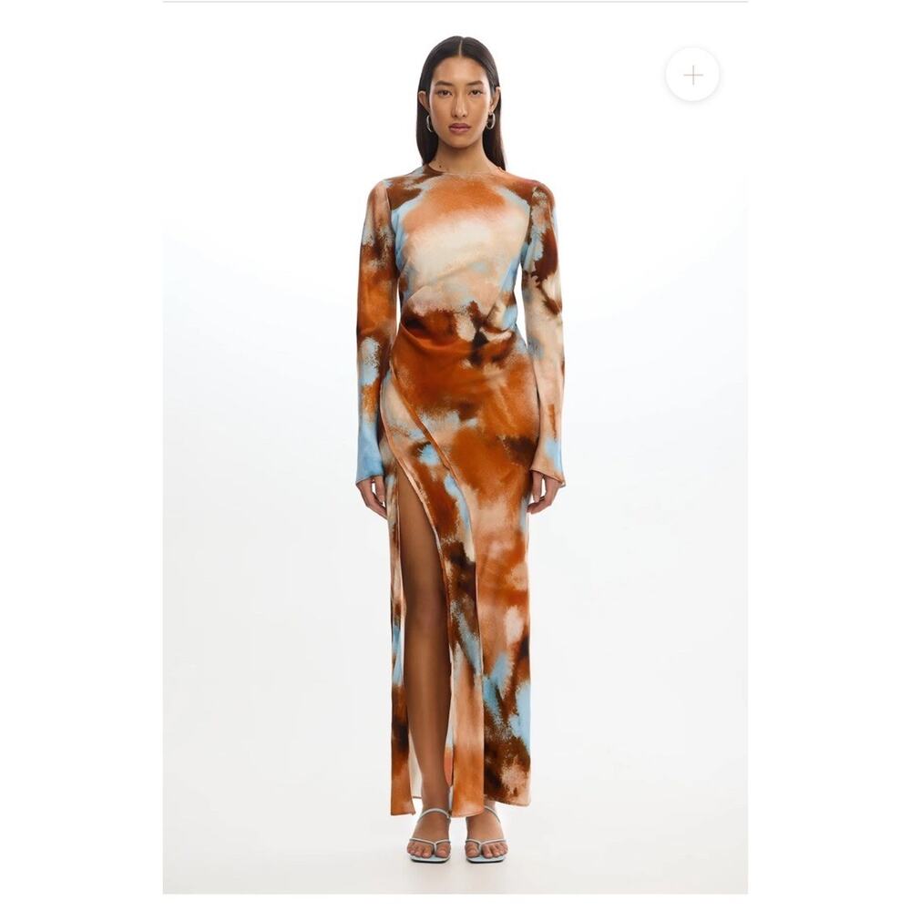 Long Sleeve Tie-Dye Maxi Dress with Side Slit - Brown/Blue